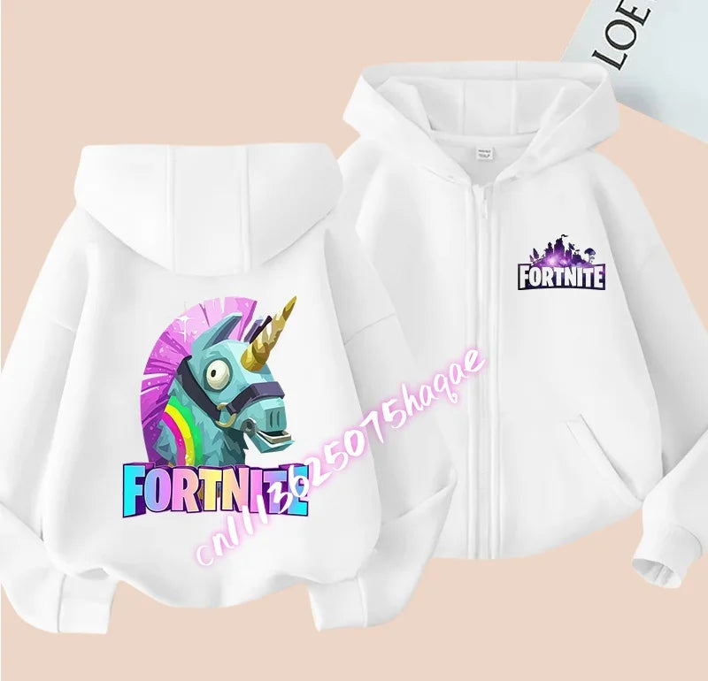 Nieuw Fortnite-kinderhoodiejack met cartoon-gamepersonageprint en rits, herfst- en winterjas voor kinderen, jongenskleding