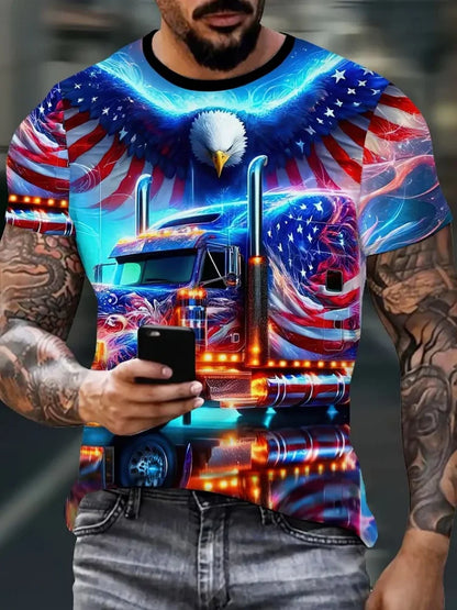 Men's Patriotic 3D Eagle Print T-Shirt Casual Crew Neck Short Sleeve Pullover for Summer Fashion Outdoor Activities Men's Clothing