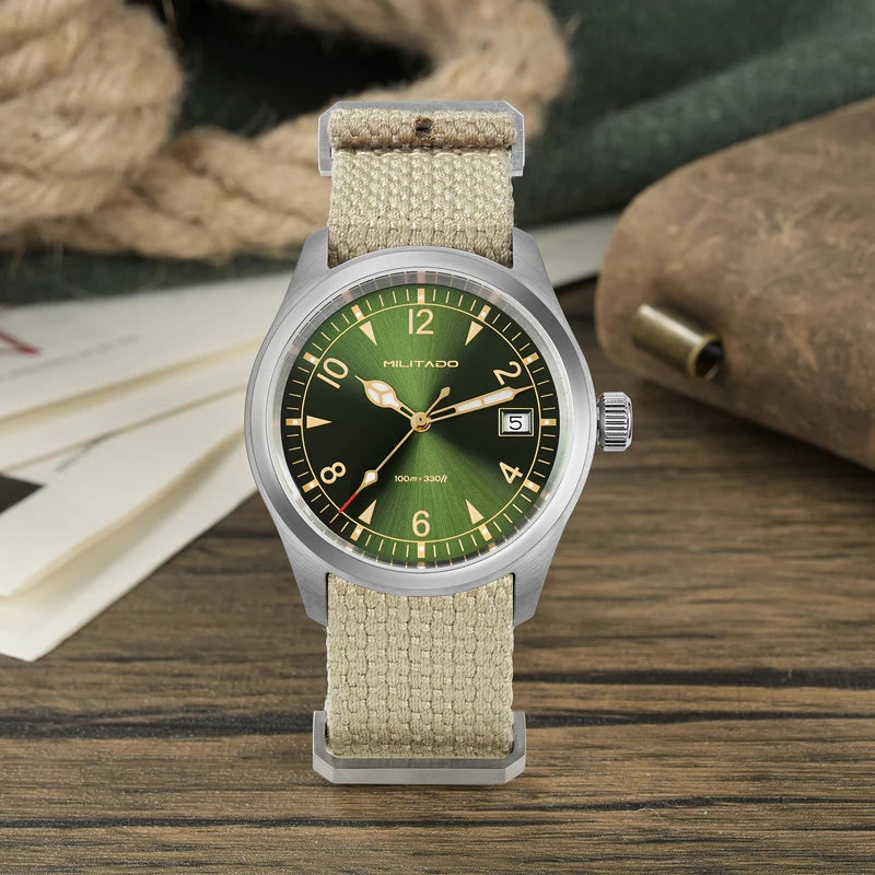 Militado ML08 Men Military Watch Ronda 515 Movement Sapphire Luminous Vintage Watches 10Bar Waterproof Stainless Steel Watch