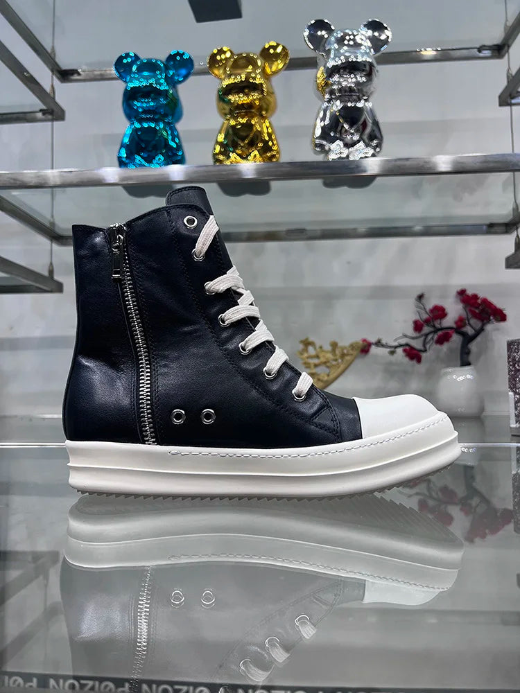 Casual High Top Quality Black Designer Men Leather Shoe Ro Pentagram Thick-sole Zip Flat Canvas Luxury Women Ankle boot Sneakers