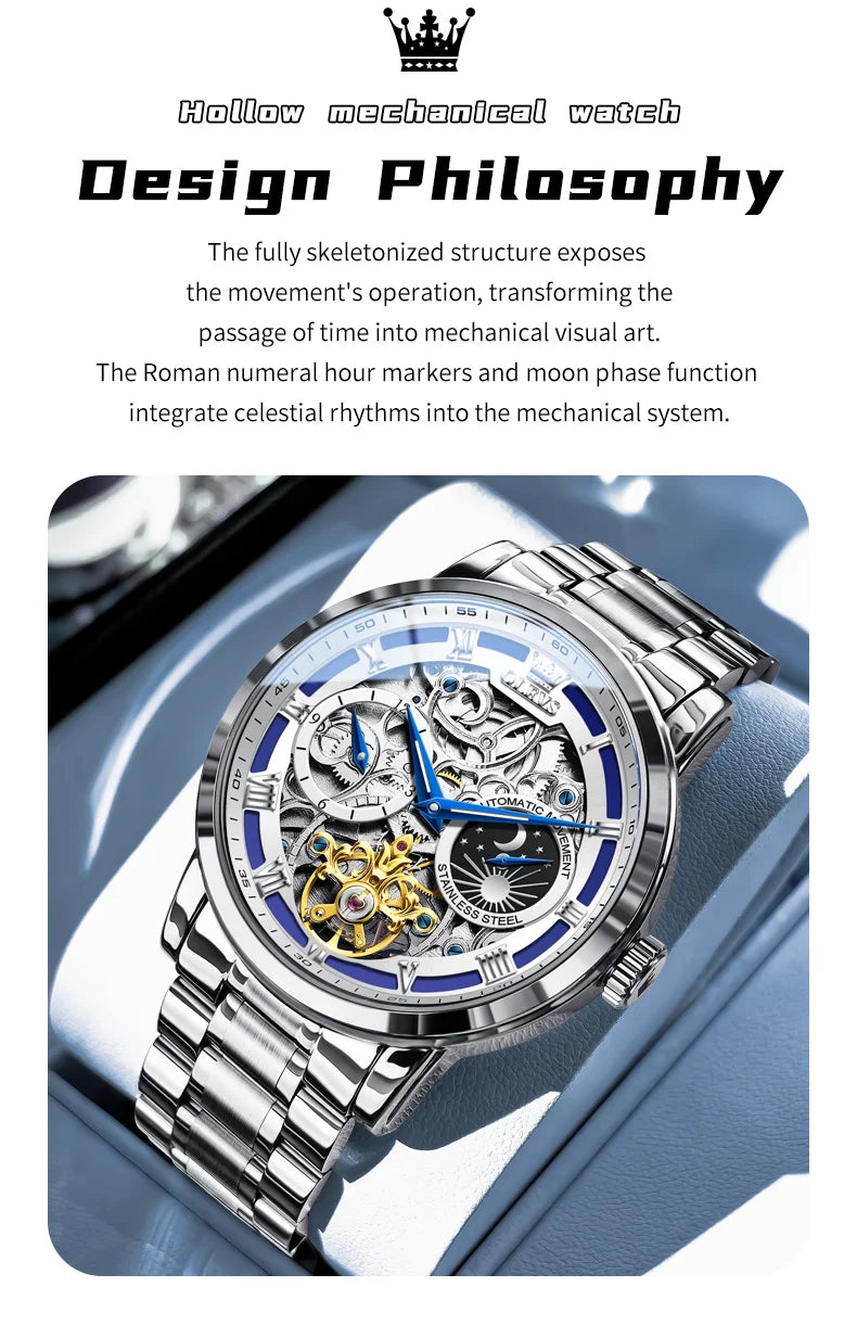 OLEVS 6670 Mens Watch Luxury Brand Skeleton Mechanical Watch Moon Phase Stainless Steel Watches For Man Gifts Box High Quality