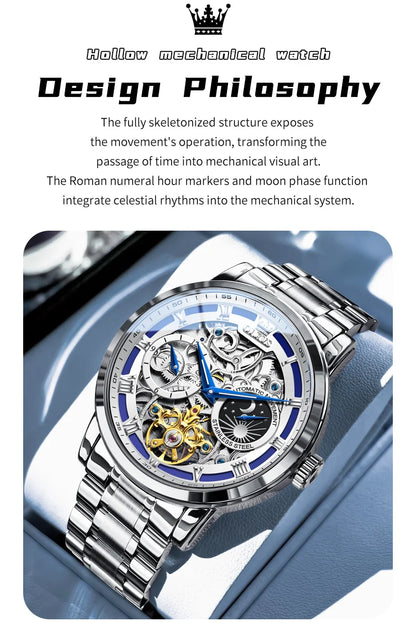 OLEVS 6670 Mens Watch Luxury Brand Skeleton Mechanical Watch Moon Phase Stainless Steel Watches For Man Gifts Box High Quality