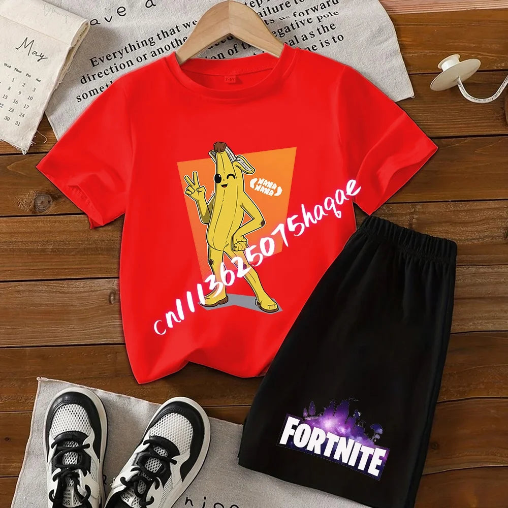 Fortnite Series T-shirt Shorts Suit for Children Hot Game Top and Pants Set Summer Cute Home Loungewear Outfit Birthday Gift