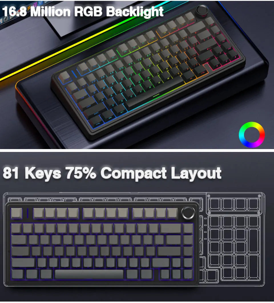 AULA F75 Game Mechanical Keyboard RGB Light 2.4G /BT5.0/Wired Tri-Mode Gasket Structure 75% Customized Gradient Grey Keyboard