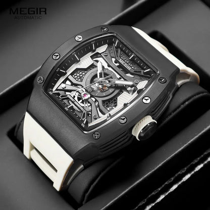 MEGIR Men's Automatic Mechanical Watch with Stainless Steel Case Silicone Strap Fashion Waterproof Luminous Wristwatch 8604