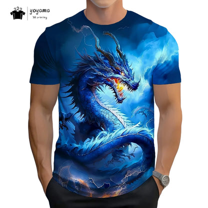 T-shirts de homem com padrão de dragão, manga curta, gola redonda, estilo streetwear, estampado animal 3D, corte largo e versátil, roupa de homem