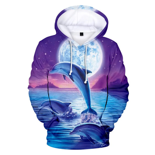 Classic Dolphins Tigers Wolves Galloping Horses Animal 3D Print Hoodies Long Sleeve Sweatshirts Adult/Child Casual Pullovers