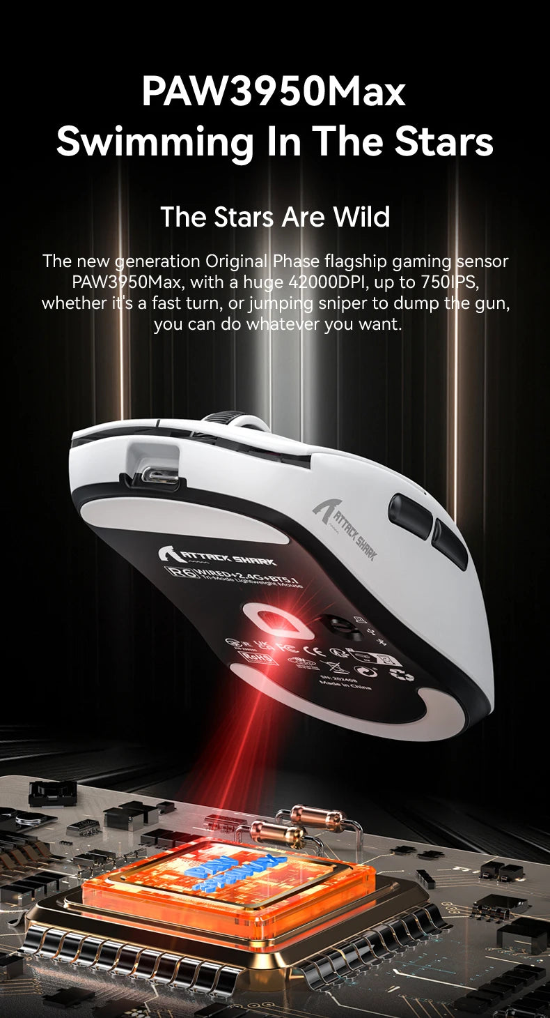 ATTACK SHARK R6 PAW3950MAX Wireless Gaming Mouse, 8Khz Polling, Ultralight 39g, Nordic 52840 MCU,  Omron Optical Microswitches