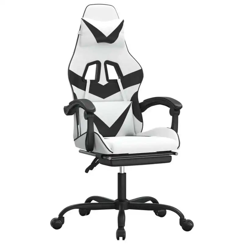 Gaming Chair with Footrest, Reclining Gaming Chair, Adjustable Height 360° Swivel Gaming Chair in White & Black PU Leather for Office & Gaming