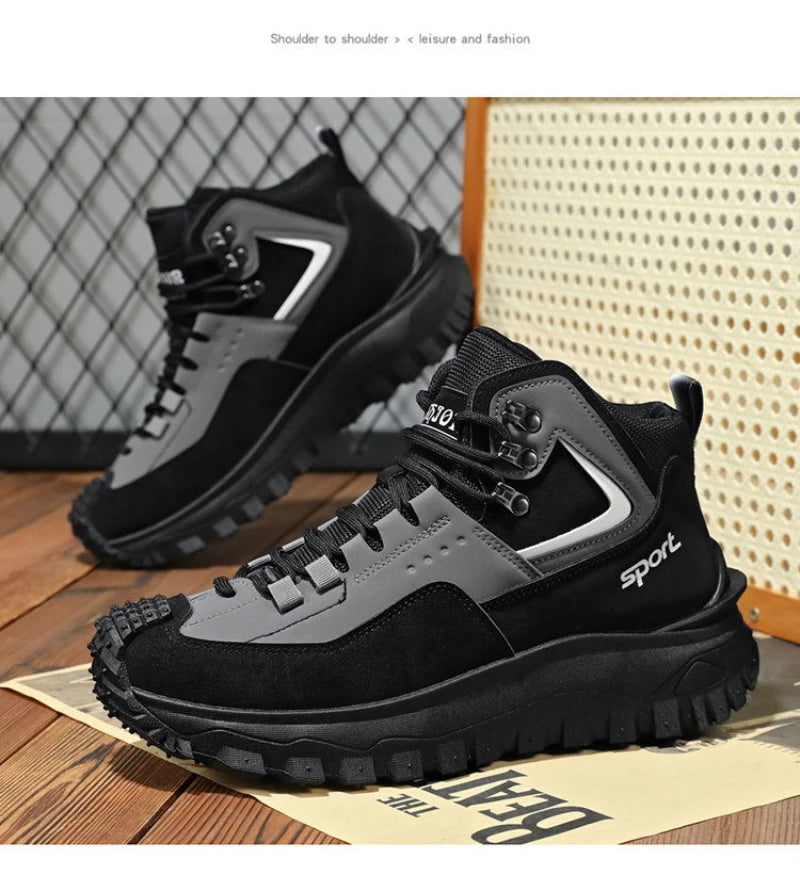 Black and Tan Mid-Top Hiking Boots Suede and Leather Platform Sneakers Non-Slip Outdoor Casual Shoes with Rugged Sole for All
