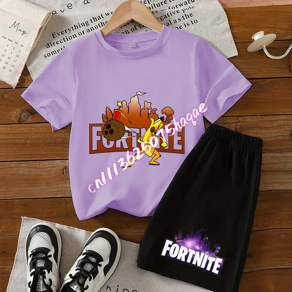 Fortnite Series T-shirt Shorts Suit for Children Hot Game Top and Pants Set Summer Cute Home Loungewear Outfit Birthday Gift