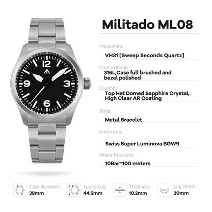 Militado ML08 Quartz Watch Ronda 515/VH31 Movement Domed Sapphire Wristwatch BGW9 Luminous 10Bar Waterproof 38mm Vintage Watches
