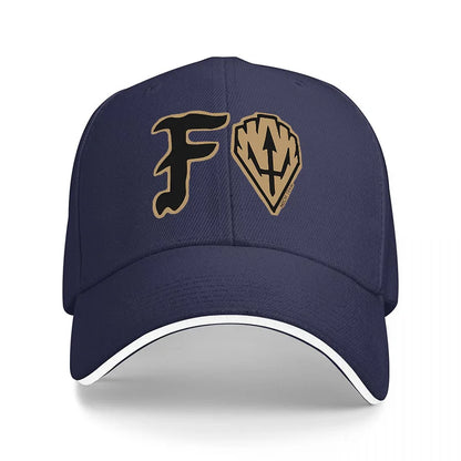 FORTNITE BASEBALL CAP WITH GOLD LOGO DESIGN BLACK AND WHITE TRIM ADJUSTABLE FIT FOR GAMING FANS AND STYLE ENTHUSIASTS