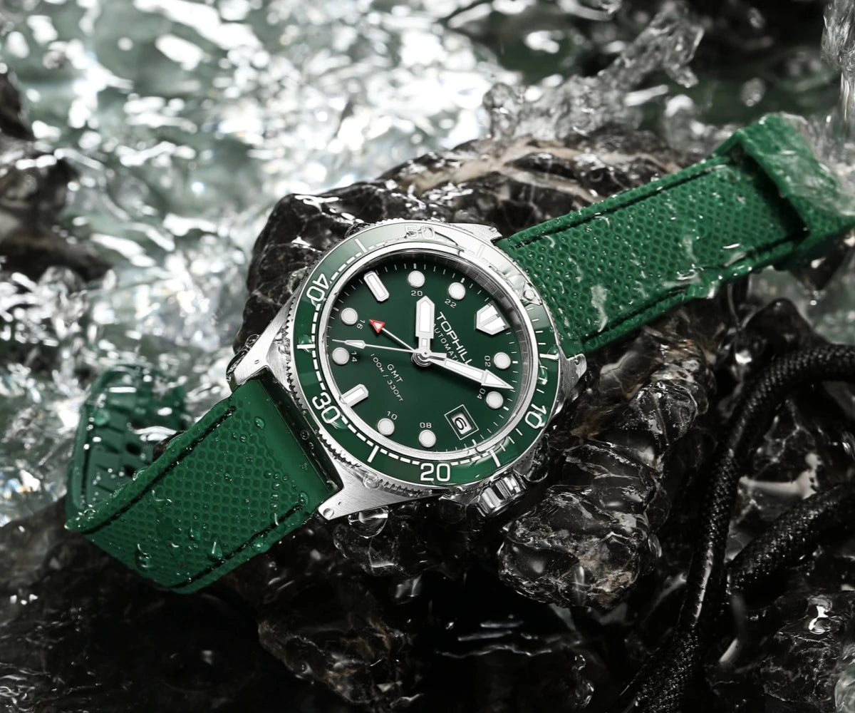 Tophill 39.5mm Automatic NH34 GMT Watch Swim 3H Date Window Mechanical C3 Green Lume 100M Waterproof Sapphire Crystal TD011G
