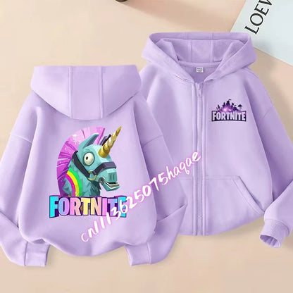 Nieuw Fortnite-kinderhoodiejack met cartoon-gamepersonageprint en rits, herfst- en winterjas voor kinderen, jongenskleding