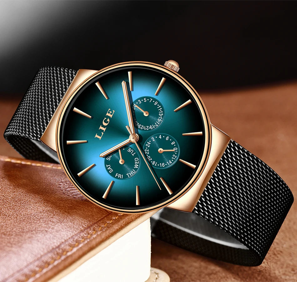 LIGE women’s watch, elegant and on-trend – sporty-casual style, mesh strap, quartz movement, date and day display, water-resistant.