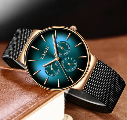 LIGE women’s watch, elegant and on-trend – sporty-casual style, mesh strap, quartz movement, date and day display, water-resistant.