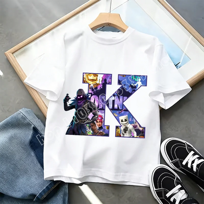 Fortnite A-Z Alphabet Print T-Shirt Summer Kids White Clothing Popular Cartoon Game T-Shirt Fashion Casual Short Sleeve Top Gift