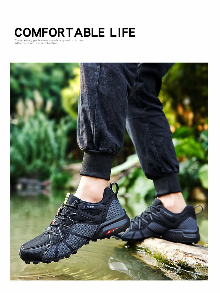 Męskie buty turystyczne – buty sportowe do terenów o zróżnicowanym ukształtowaniu terenu, z oddychającą siateczką, antypoślizgowe, odporne na zużycie – buty turystyczne i rowerowe