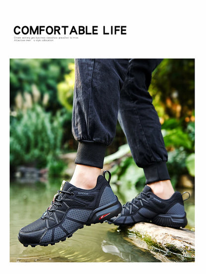 Męskie buty turystyczne – buty sportowe do terenów o zróżnicowanym ukształtowaniu terenu, z oddychającą siateczką, antypoślizgowe, odporne na zużycie – buty turystyczne i rowerowe