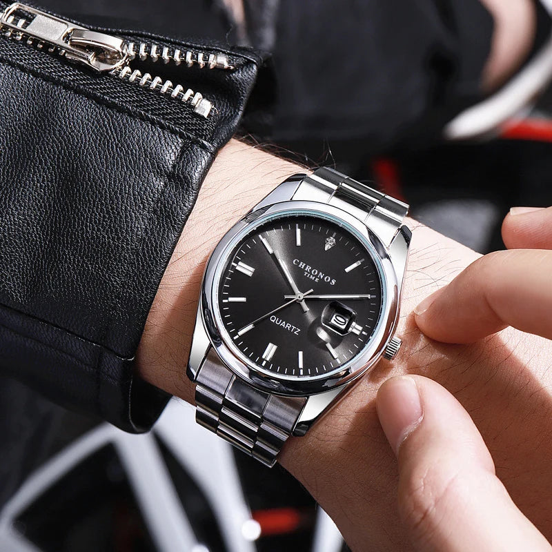 Reloj de pulsera para hombre CHRONOS: marca de lujo, resistente al agua, luminiscente, con indicador de fecha, de acero inoxidable y con mecanismo de cuarzo.