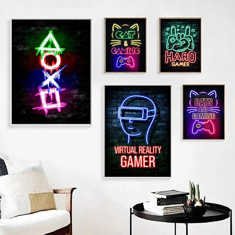 Nordic Cat and Gaming Controller Quotes Poster Modern Canvas Painting for Wall Art Mural Gamer Boys Girls Room Decor (not Neon)