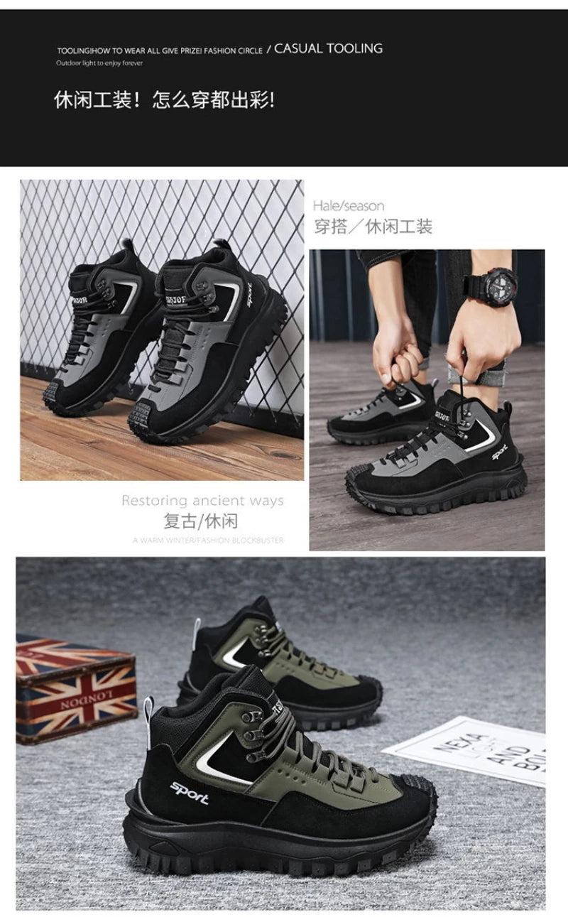 Black and Tan Mid-Top Hiking Boots Suede and Leather Platform Sneakers Non-Slip Outdoor Casual Shoes with Rugged Sole for All