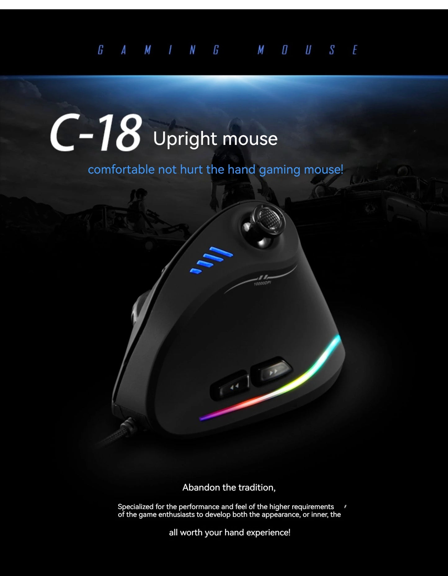 ZELOTES C-18 Vertical Mouse 11 Key Optical Mouse RGB Joysticks Programmable Laser Gaming Mice For PC Computer Gamer