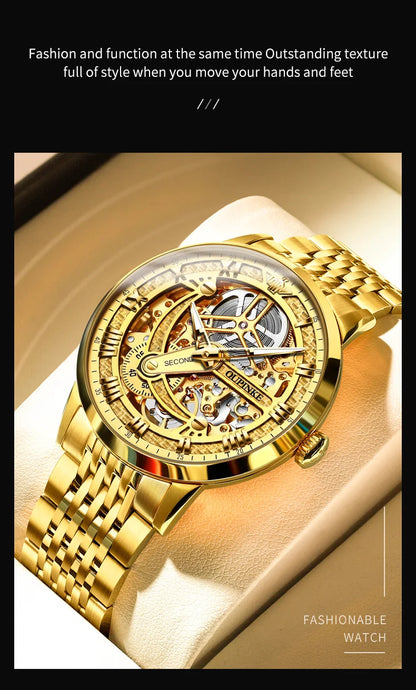 OUPINKE 3173 Skeleton Automatic Mechanical Watch Luxury Brand 50M Waterproof Watch Leather Strap Mens Watch Box Gifts Reloj