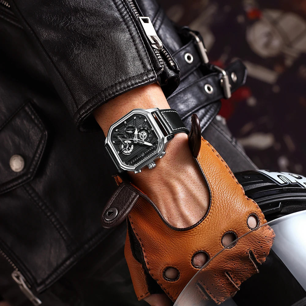 CRRJU Fashion Square Dial Leather Mens Watches Luxury Sport Waterproof Watch Man Chronograph Quartz WristWatches Homme+Box