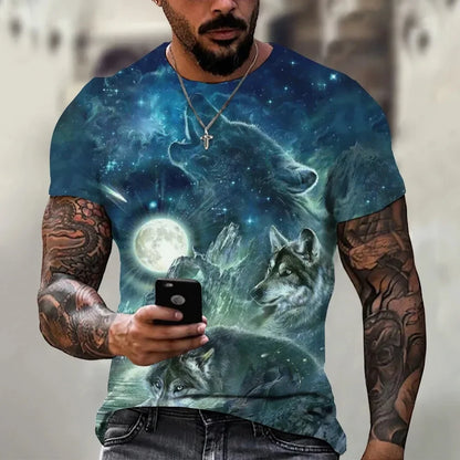 New Fashion Men's Wolf Roar Graphic T Shirt Summer Casual Round Neck T-shirt Trend Street Man Clothes Daily Loose Tops