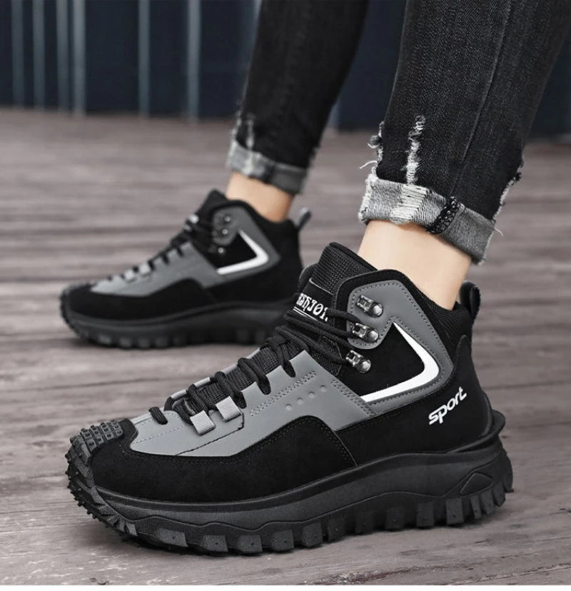 Black and Tan Mid-Top Hiking Boots Suede and Leather Platform Sneakers Non-Slip Outdoor Casual Shoes with Rugged Sole for All