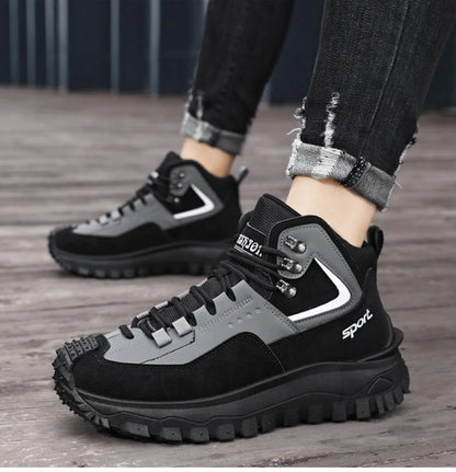 Black and Tan Mid-Top Hiking Boots Suede and Leather Platform Sneakers Non-Slip Outdoor Casual Shoes with Rugged Sole for All