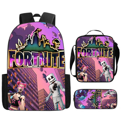 Fortnite Cartoon 3pcs Set, Large Capacity Suitable for Boys and Girls Aged 5-8, Includes Backpack, Dinner Bag, and Pencil Case