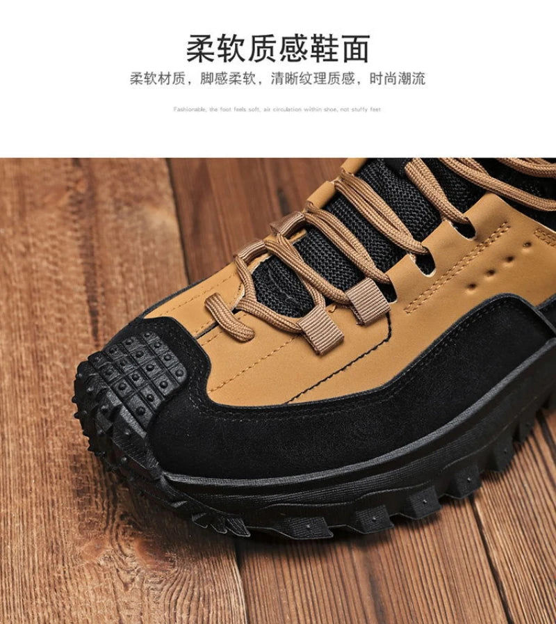 Black and Tan Mid-Top Hiking Boots Suede and Leather Platform Sneakers Non-Slip Outdoor Casual Shoes with Rugged Sole for All
