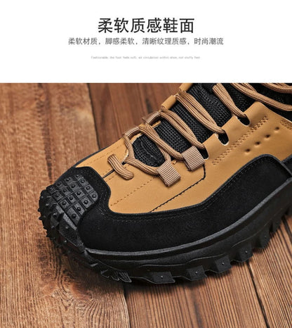 Black and Tan Mid-Top Hiking Boots Suede and Leather Platform Sneakers Non-Slip Outdoor Casual Shoes with Rugged Sole for All