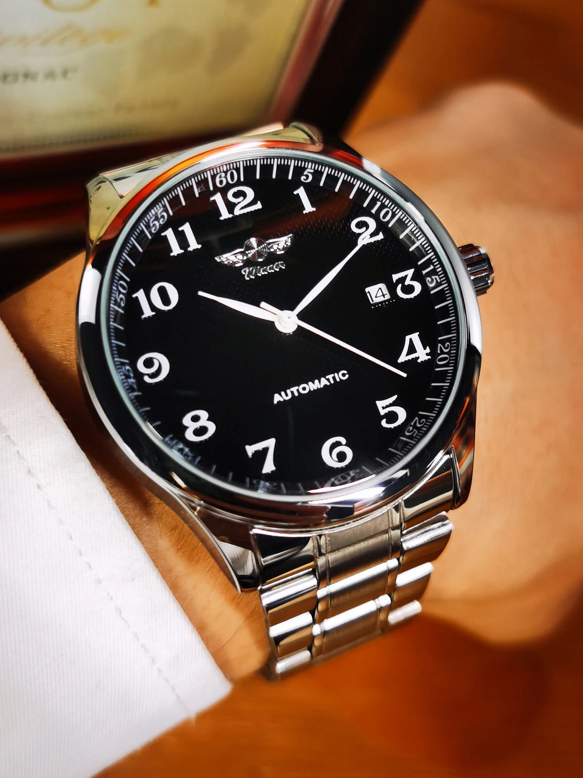 Reloj para hombre WINNER – Estilo clásico, retro y elegante – Reloj mecánico automático con calendario – Marca de lujo, caja de acero y correa de piel