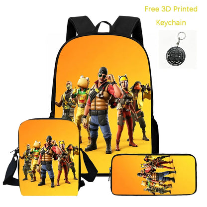 3Pcs Kids Backpack Set, Crossbody & Pencil Bag, FORTNITE Cartoon Bag, Lightweight for Boys and Girls Ages 5-10, Free 3D Printed Keychain