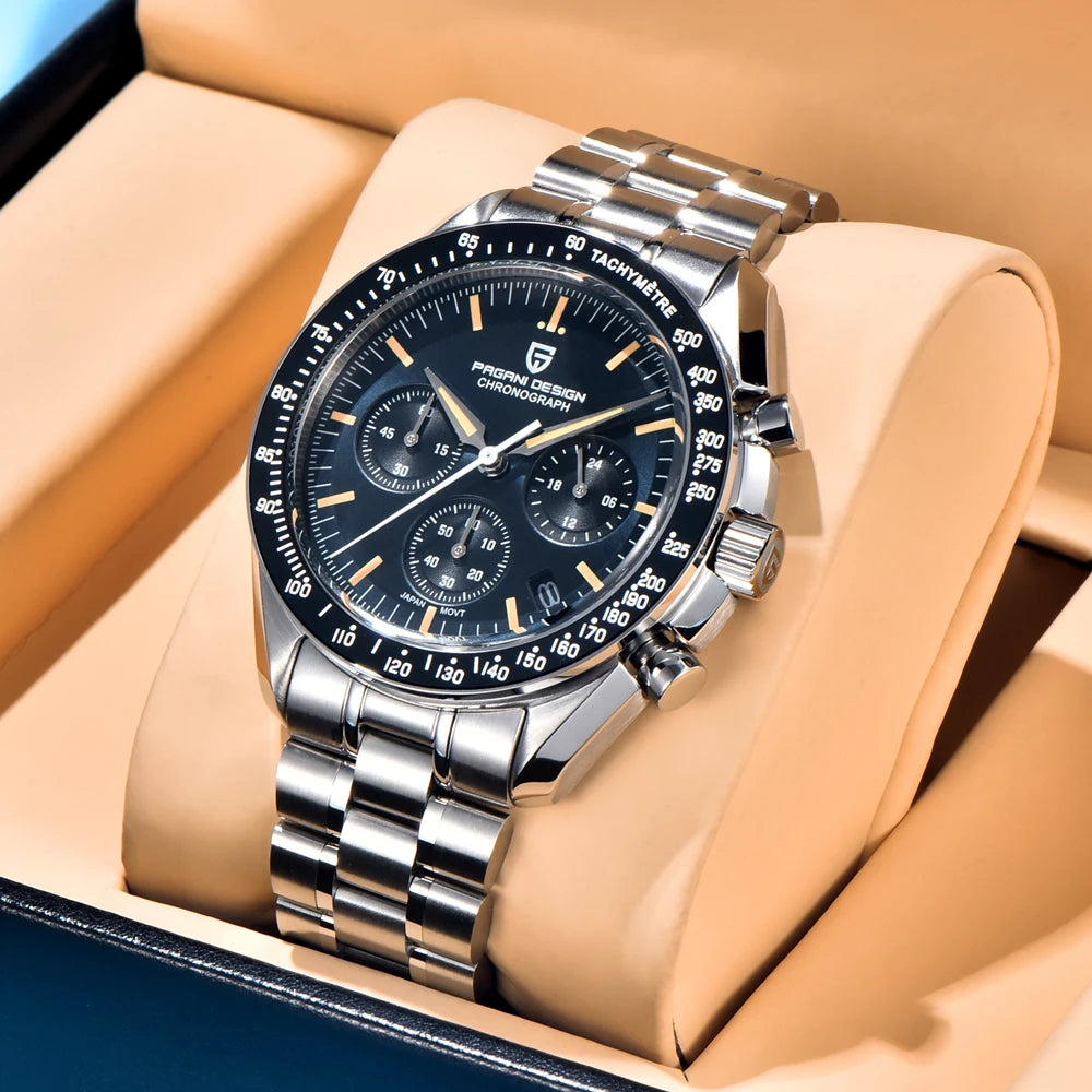Reloj para hombre PAGANI DESIGN «New Moon» – Reloj de cuarzo de lujo, cronógrafo, cristal de zafiro con tratamiento antirreflectante, bisel de cerámica, agujas luminiscentes