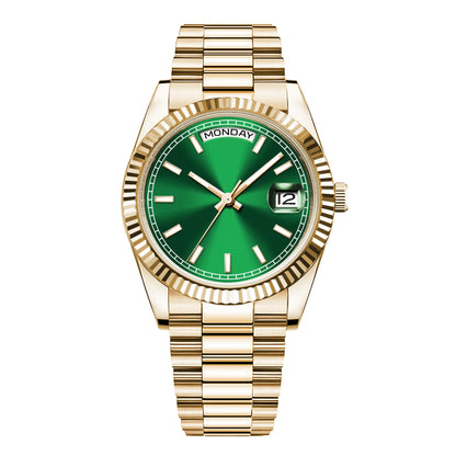 CORGEUT NH36 mechanische Herrenuhr mit Wochentags- und Datumsanzeige, President-Gliederarmband, Stahlgehäuse, geriffelter Arc-Lünette, wasserdicht