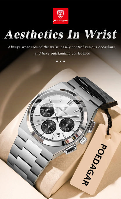 POEDAGAR Luxury Men's Watch Chronograph Date Stainless Steel Casual Man Clock Waterproof Luminous Fashion Quartz Watches For Men