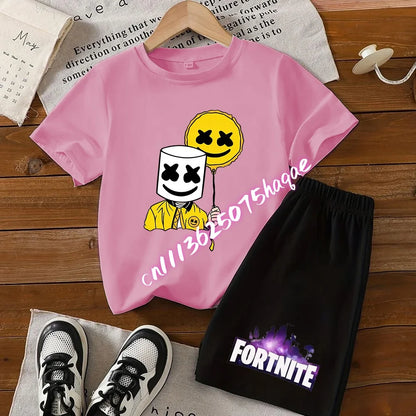 Summer Fortnite T-shirt Shorts for Boys and Girls Tee Pants Set 2pcs Children Clothing Tops T-shirts Fortress Night Print Tees Gift