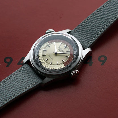 Merkur World Time Men's Retro Mechanical Watch for Men Waterproof Leather 38mm Reloj Hombre
