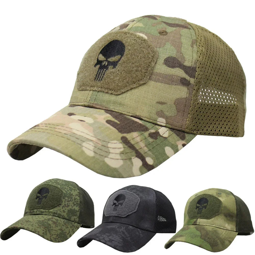 Baseballkappe im Camouflage-Look, aus atmungsaktivem Netzgewebe, taktische Camo-Kappe der Special Forces, mit Totenkopf- und Enten-Schirm