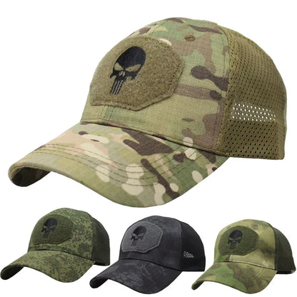 Baseballkappe im Camouflage-Look, aus atmungsaktivem Netzgewebe, taktische Camo-Kappe der Special Forces, mit Totenkopf- und Enten-Schirm