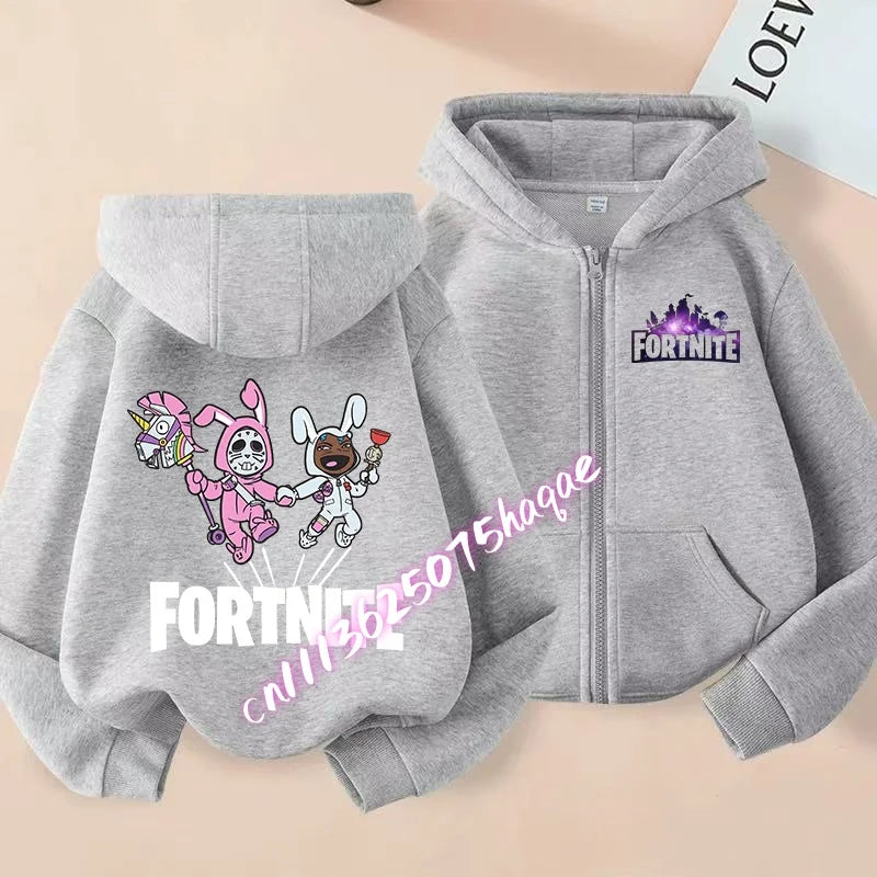 Nieuw Fortnite-kinderhoodiejack met cartoon-gamepersonageprint en rits, herfst- en winterjas voor kinderen, jongenskleding