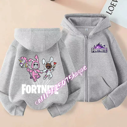 Nieuw Fortnite-kinderhoodiejack met cartoon-gamepersonageprint en rits, herfst- en winterjas voor kinderen, jongenskleding