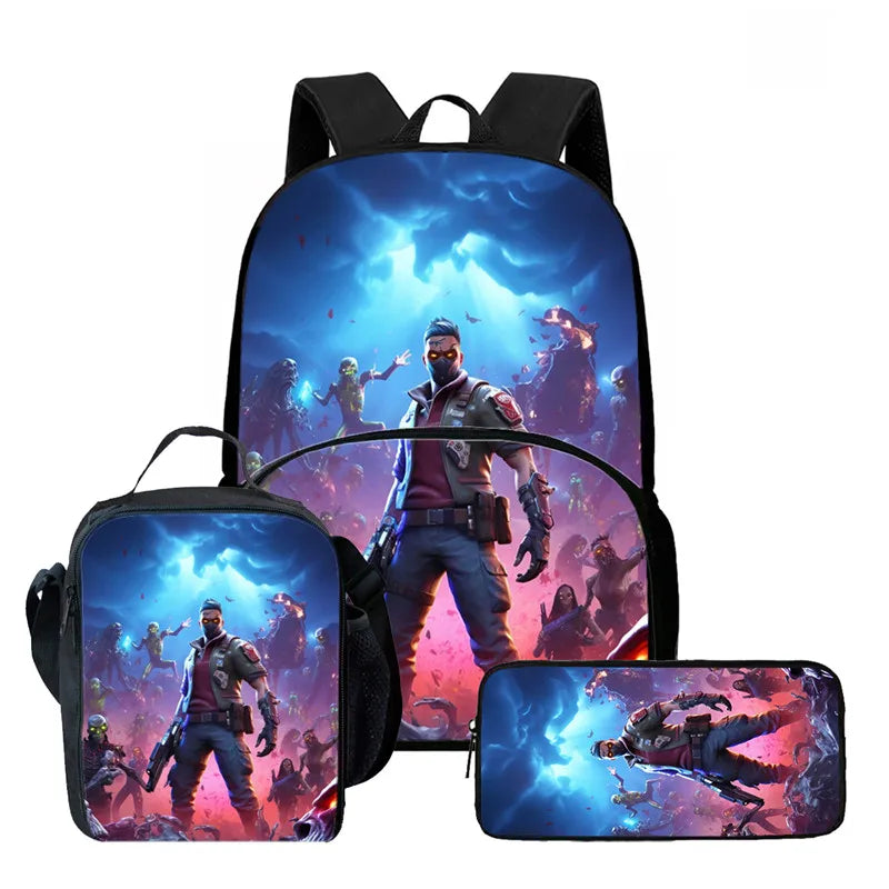 Fortnite Cartoon 3Pcs School Bag Set Unisex for Boys Girls, Backpack with Front Pocket, Lunch Bag and Pencil Case Best Gift