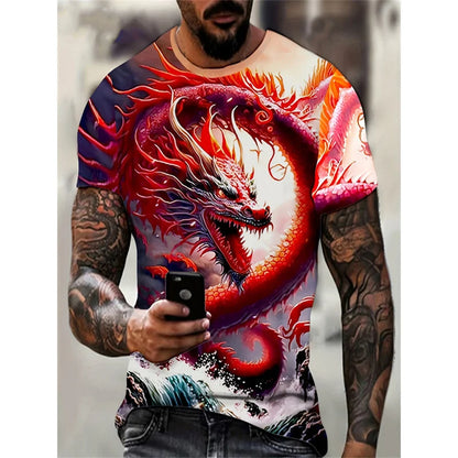 Dragon Phoenix -kuvioinen miesten T-paita, eläinaiheinen 3D-painettu T-paita, kesäinen rento lyhythihainen O-kaulainen oversize-katupaita
