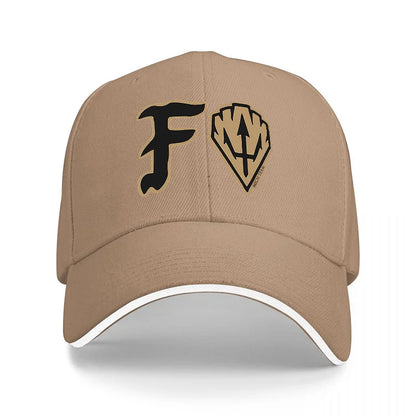 FORTNITE BASEBALL CAP WITH GOLD LOGO DESIGN BLACK AND WHITE TRIM ADJUSTABLE FIT FOR GAMING FANS AND STYLE ENTHUSIASTS